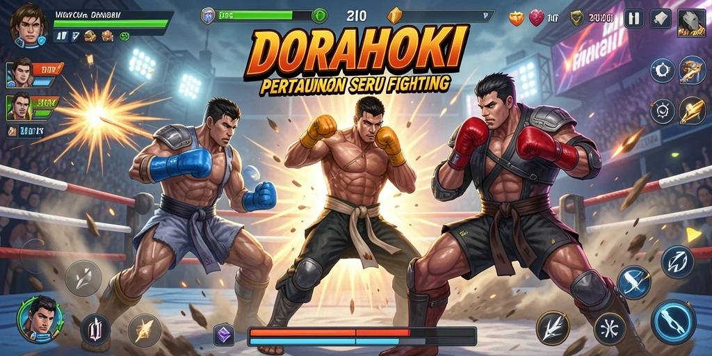 Screenshot gameplay DORAHOKI menampilkan pertarungan aksi yang intens.