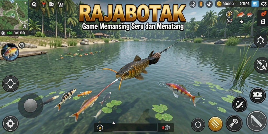 Screenshot gameplay RAJABOTAK dengan aksi memancing yang menegangkan.